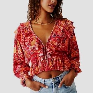 FREE PEOPLE RUDI RUFFLED RED FLORAL TOP EXTRA SMALL